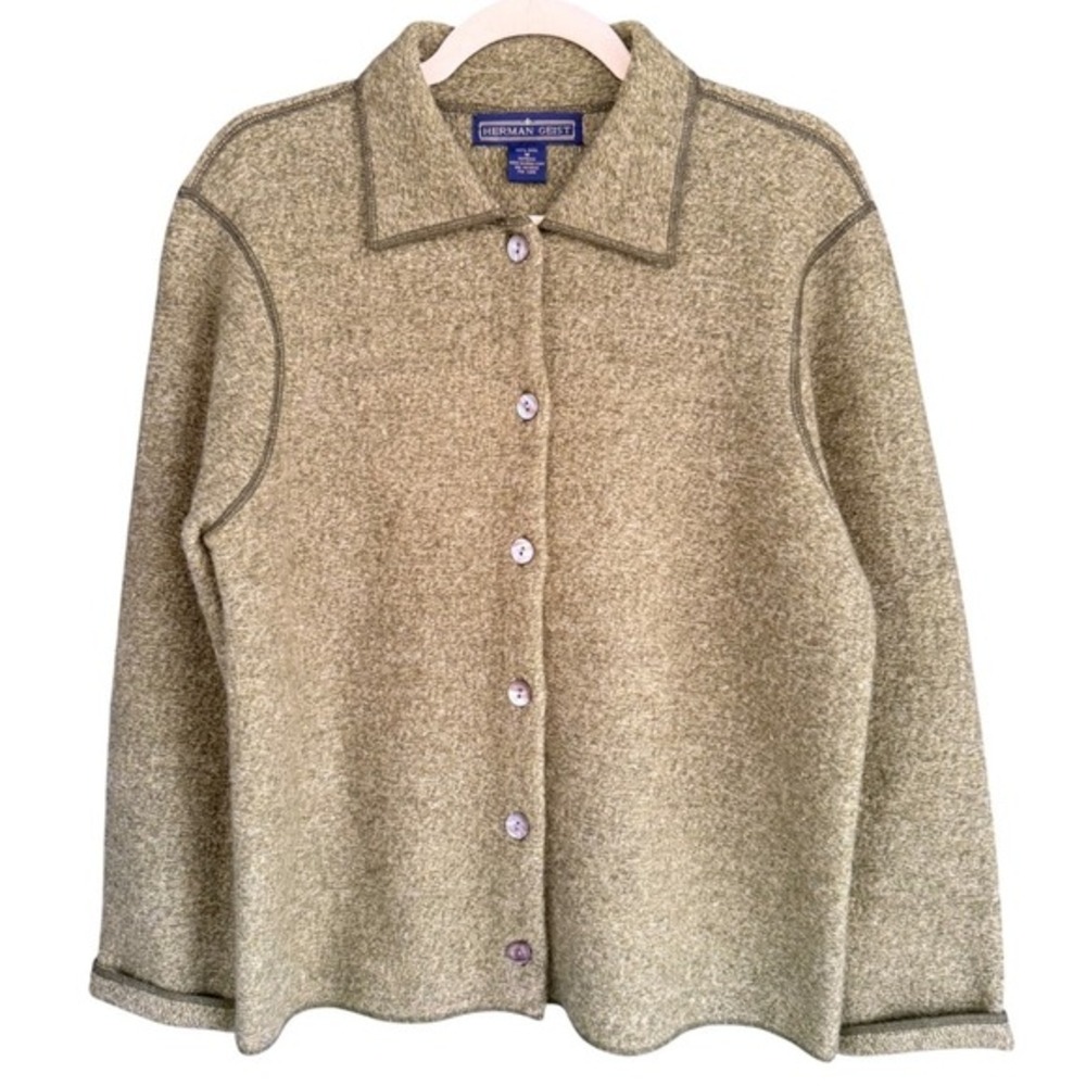 A8 90s VTG HERMAN GEIST Green Textured‎ Button Up Cardigan Sweater 100% Wool